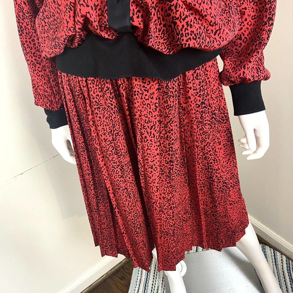 Vintage 80s Red Leopard Bow Secretary Midi Dress Pleated M Medium 1980s - Picture 5 of 10